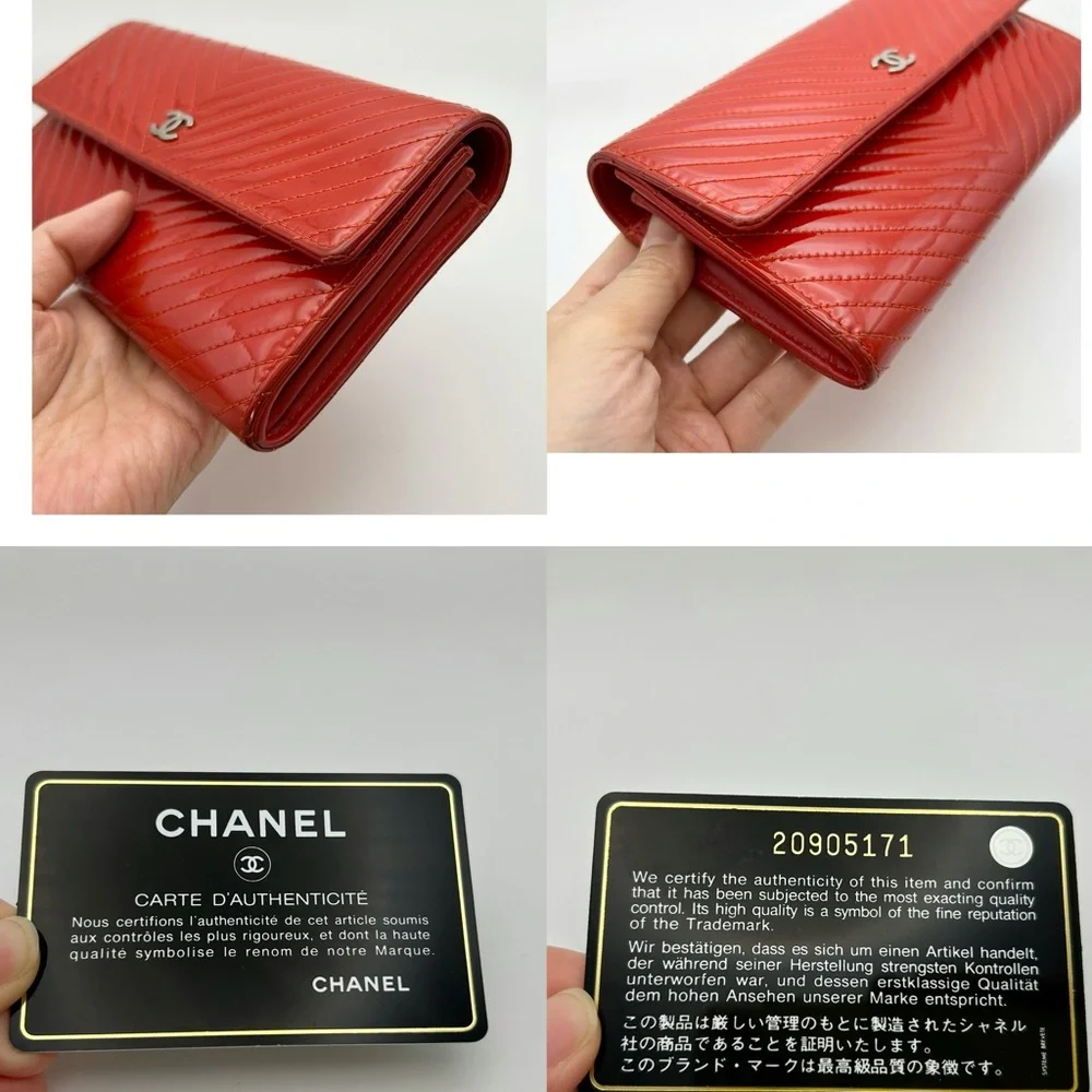 Chanel Long Wallet with COA , CC Logo, Chevron Paten Leather, Dust Bag & Box Red